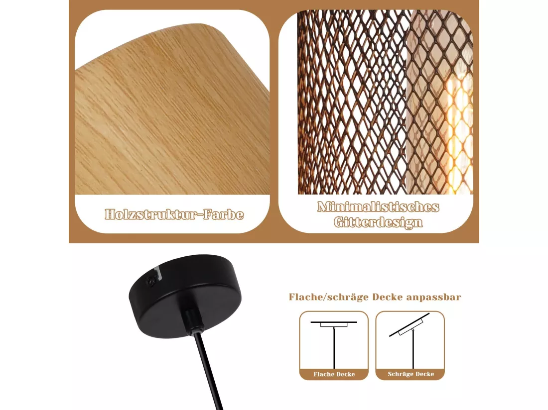 NETTLIFE Lampe à suspendre Vintage Bois veiné Table à manger Noir Industriel E27 25W Suspension