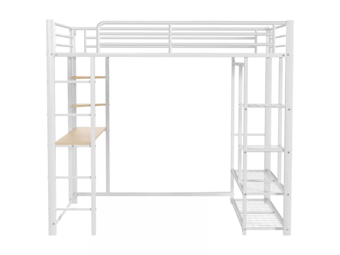 Lit mezzanine 140x200cm en métal - avec table et étagères - Blanc