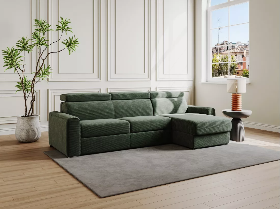 Canapé d'angle réversible convertible express en velours côtelé vert - Couchage 160 cm - Matelas 18 cm - VIZIR
