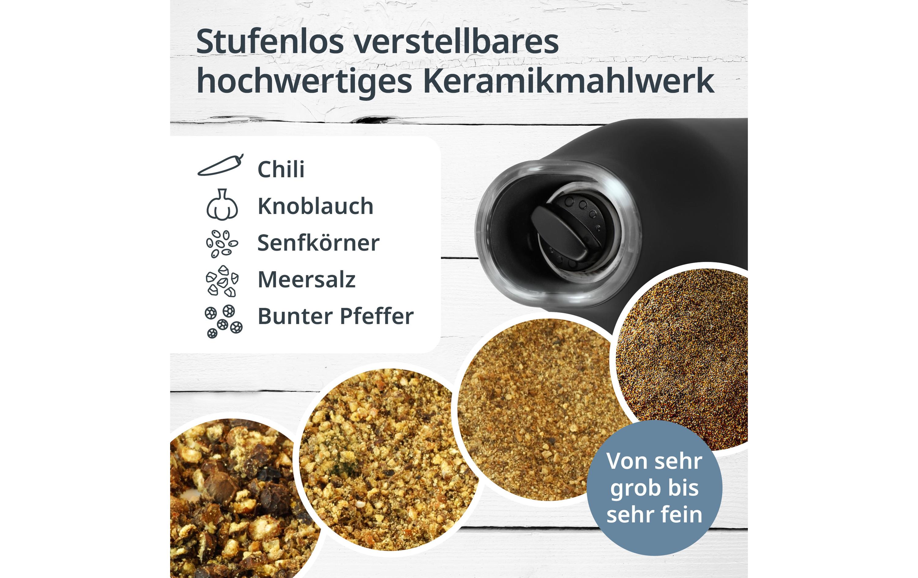 Salz- und Pfeffermühle 2er Set 18.3 cm, Schwarz/WeissElektrische Salz- und Pfeffermühle mit Kipp-Sensor