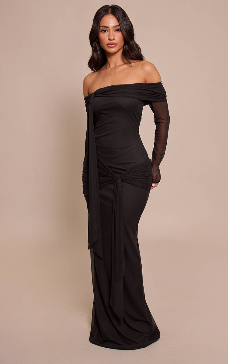 Noir Robe Longue Maxi Bardot Asymétrique À Manches Longues Petite