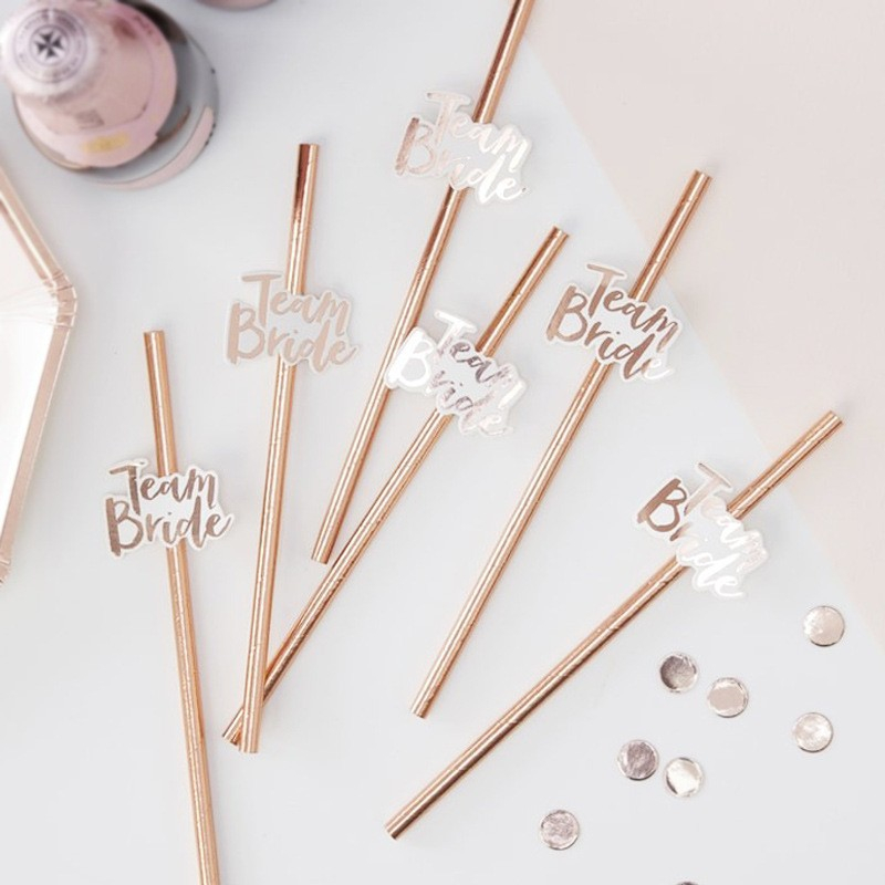 (20-tlg. Set) 20cm Junggesellinnenabschied Papier Strohhalm Team Bride Trinkhalm   Sticker - Roségold / Weiss