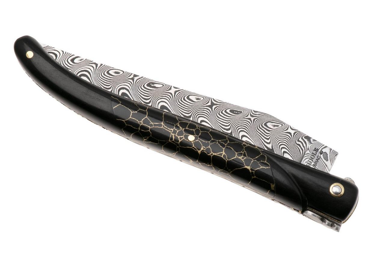 Laguiole en Aubrac Ebony, Onyx Gold Inlay, Handcarved Gold Brass Plates, Balbach Damascus, zakmes, 12 cm