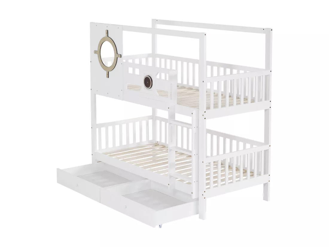Lit superposé pour enfants 90x200 cm, avec toit et fenêtre, rails anti-chute, tiroirs, blanc + couleurs naturelles