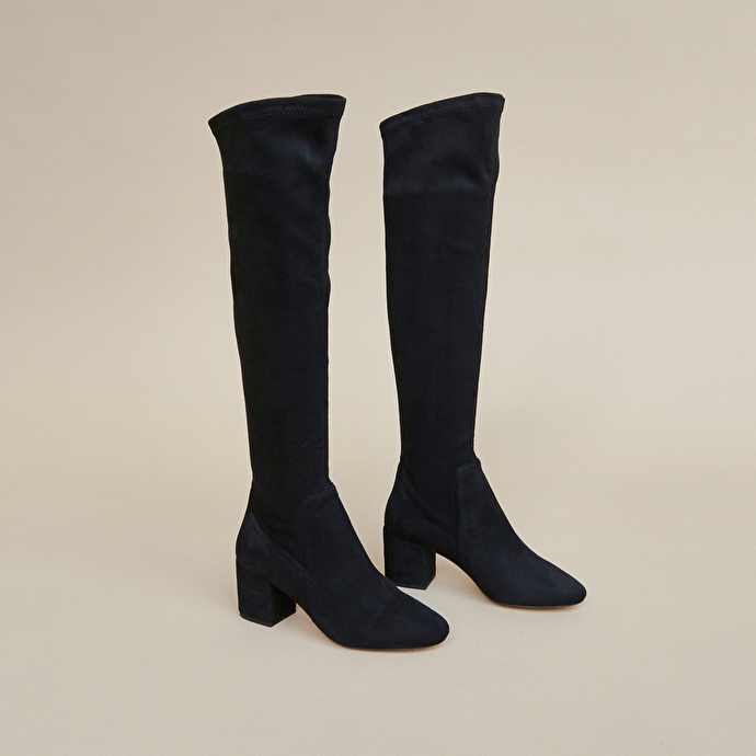 Cuissardes à petits talons  en velours et stretch noir