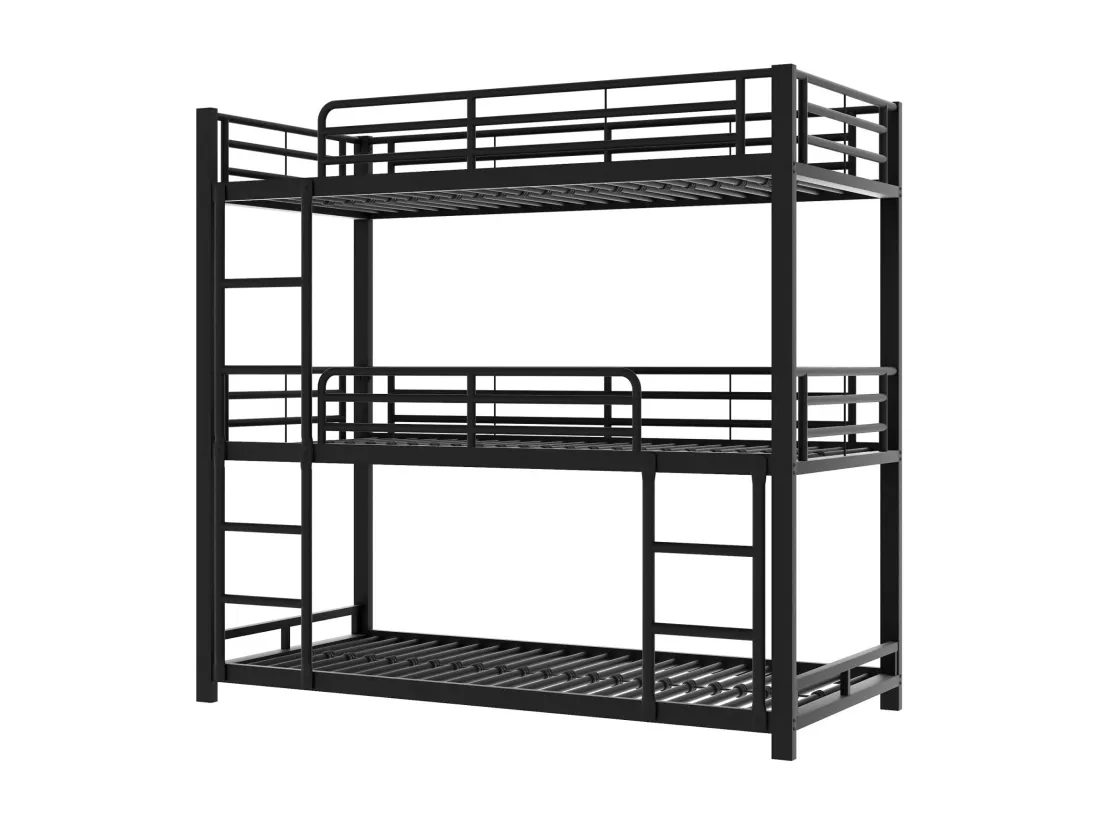 Lit superposé tripe 90x200cm, Cadre de lit en métal avec échelles, pour enfants, adolescents et adultes, noir