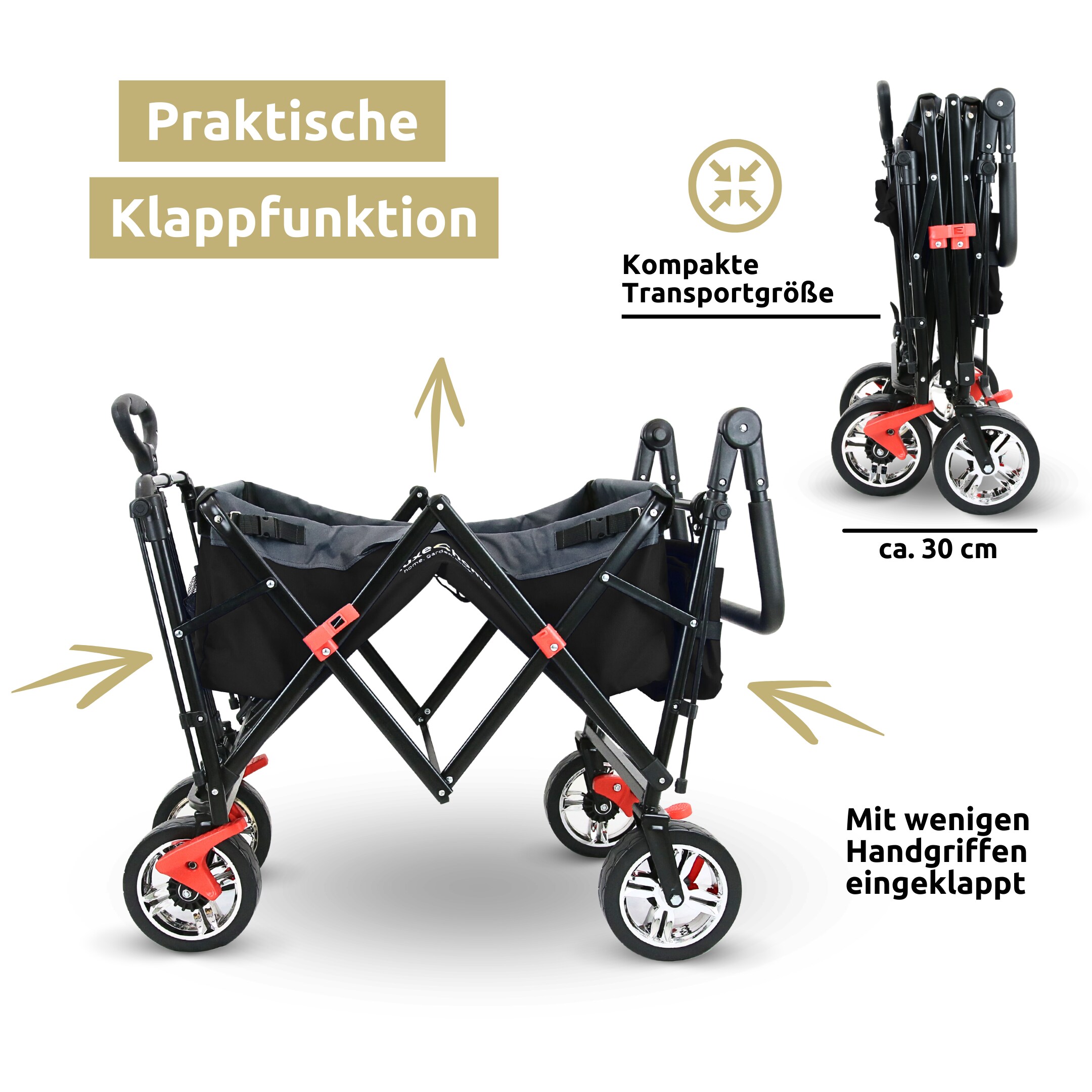 deluxe4home® Bollerwagen | Transportwagen faltbar mit Dach | Schwarz/Grau
