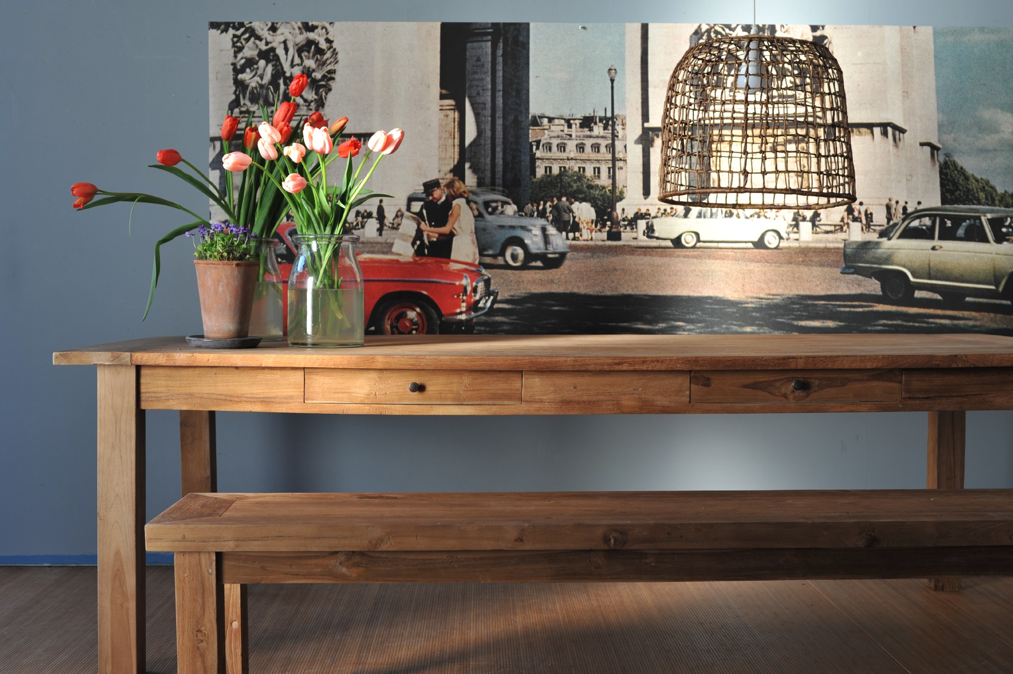 Esstisch aus recyceltem Teak mit 4 Schubladen, natur, B 220 cm, T 100 cm, H 76 cm von fischer's lagerhaus