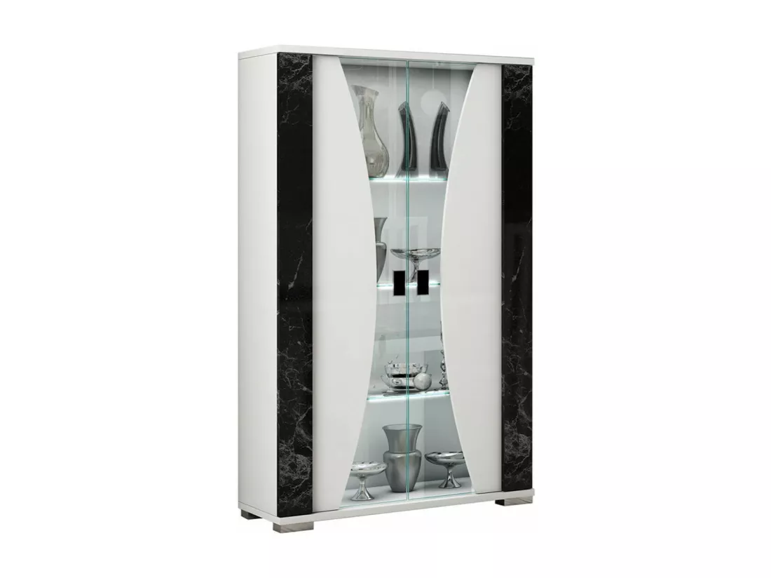 ARIANE - Vitrine 2 Portes Blanc Eclairage Led intégré avec Décor Latéral Aspect Marbre Noir