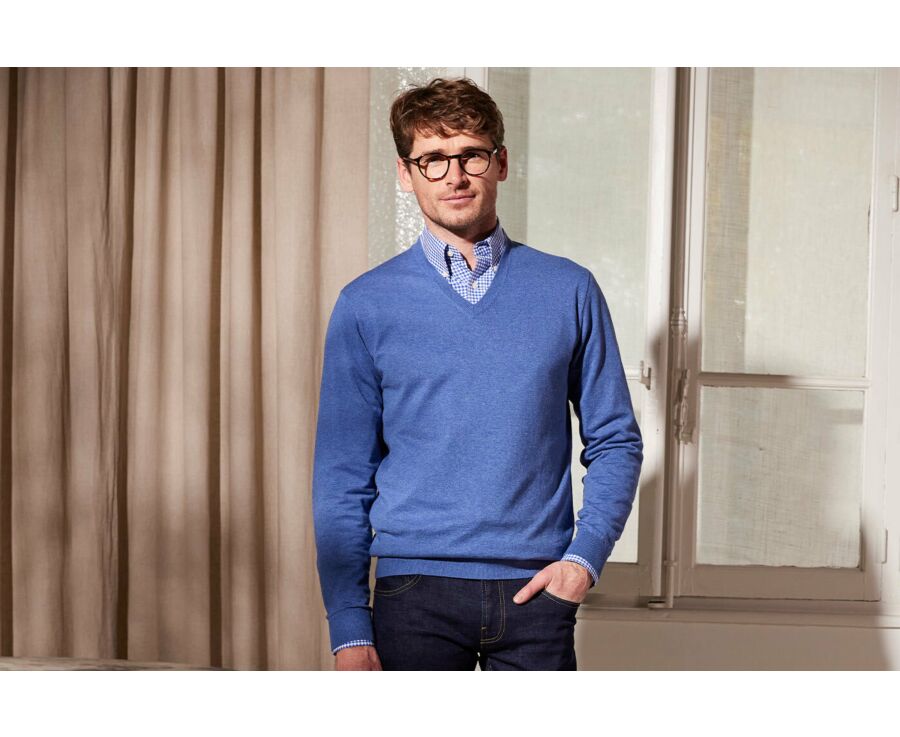 Pull fin coton bio/cachemire col V Bleu - VADIM