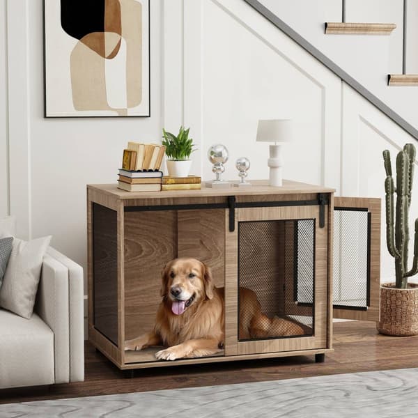 Hundeburmøbler, hundeboks med 2 låsbare dører, sidebord til hjemmet, hundehus for store hunder under 30 kg, stål, 98 x 60 x 78 cm, valnøtt |