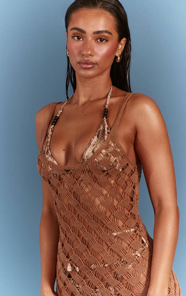 Marron Robe De Plage Longue À Franges En Crochet