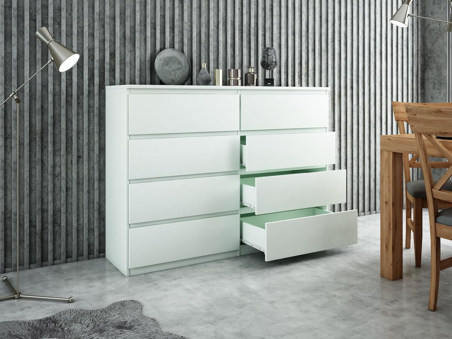 meble masztalerz Kommode 120 cm Breit - Modernes Sideboard - Schrank mit 8 Schubladen - Schubladenschrank - Kommodenschrank für Wohnzimmer, Flur, Schlafzimmer - Weiß 120x101,5x39 cm