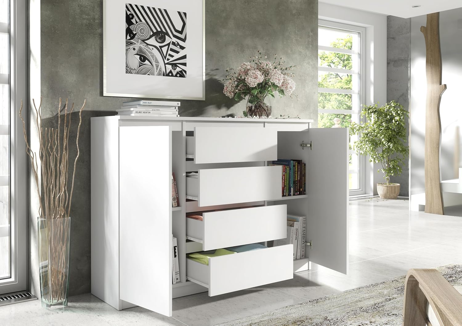 meble masztalerz Kommode Weiss mit 4 Schubladen und 2 Türen 120 cm, Sideboard Wohnzimmer, Schlafzimmer H: 101,5 cm, B: 120,4 cm, T: 39 cm, Kommode mit Schubladen, Schubladenschrank