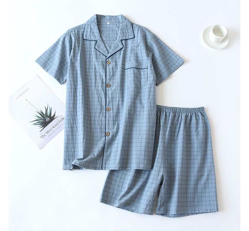 molpes - Bijpassende pyjamaset voor koppels: top met korte mouwen en kraag en ruitmotief + shorts met elastische taille
