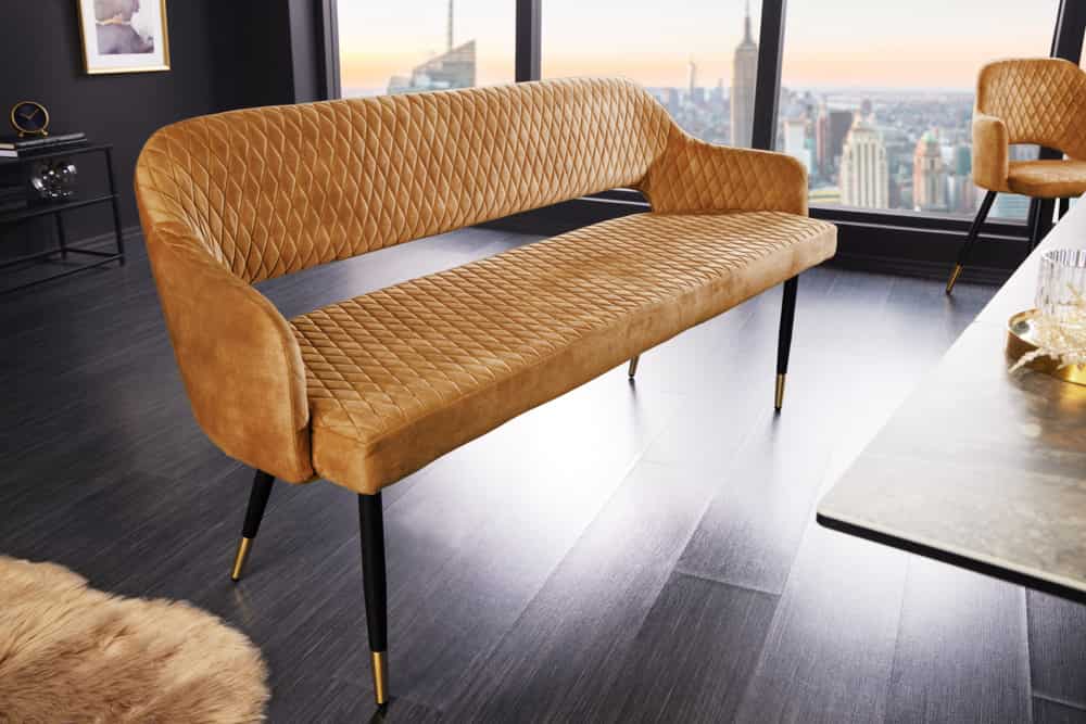 Design Sitzbank PARIS 160cm senfgelb Samt Retro Rückenlehne