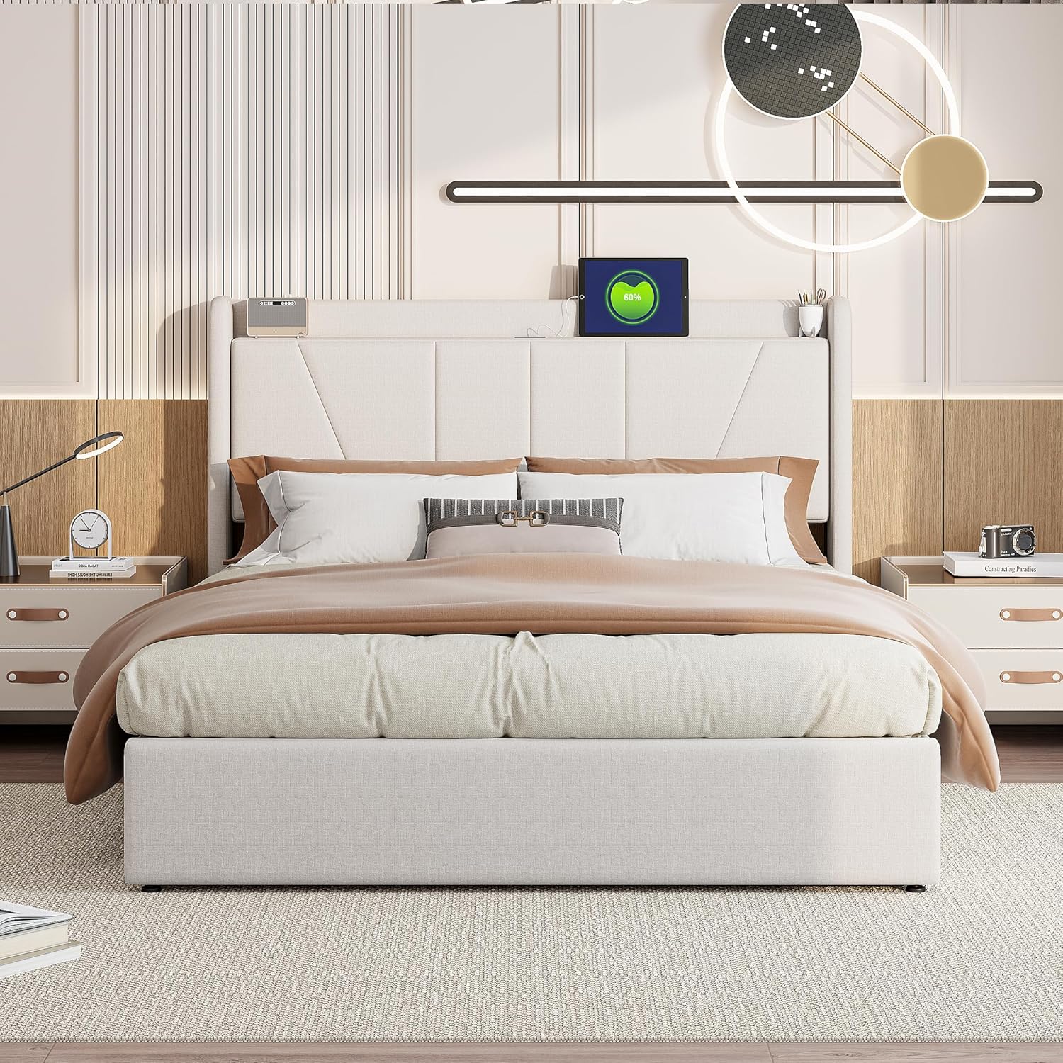 Polsterbett 160x200 mit Stauraum, Hydraulisch Stauraumbett, Doppelbett mit USB und kopfteil, Bettgestell mit Lattenrost, Bettrahmen für Erwachsene, Leinen (Beige, 160 x 200 cm)