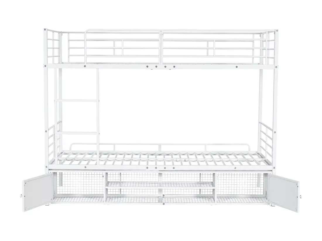 Lit superposé 90x200cm en fer - avec meuble à chaussures et échelle - Blanc