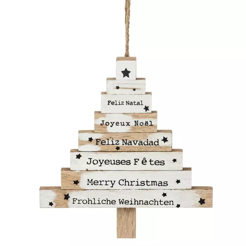Sapin de Noël à suspendre en bois (H15 cm) Langues du monde Blanc