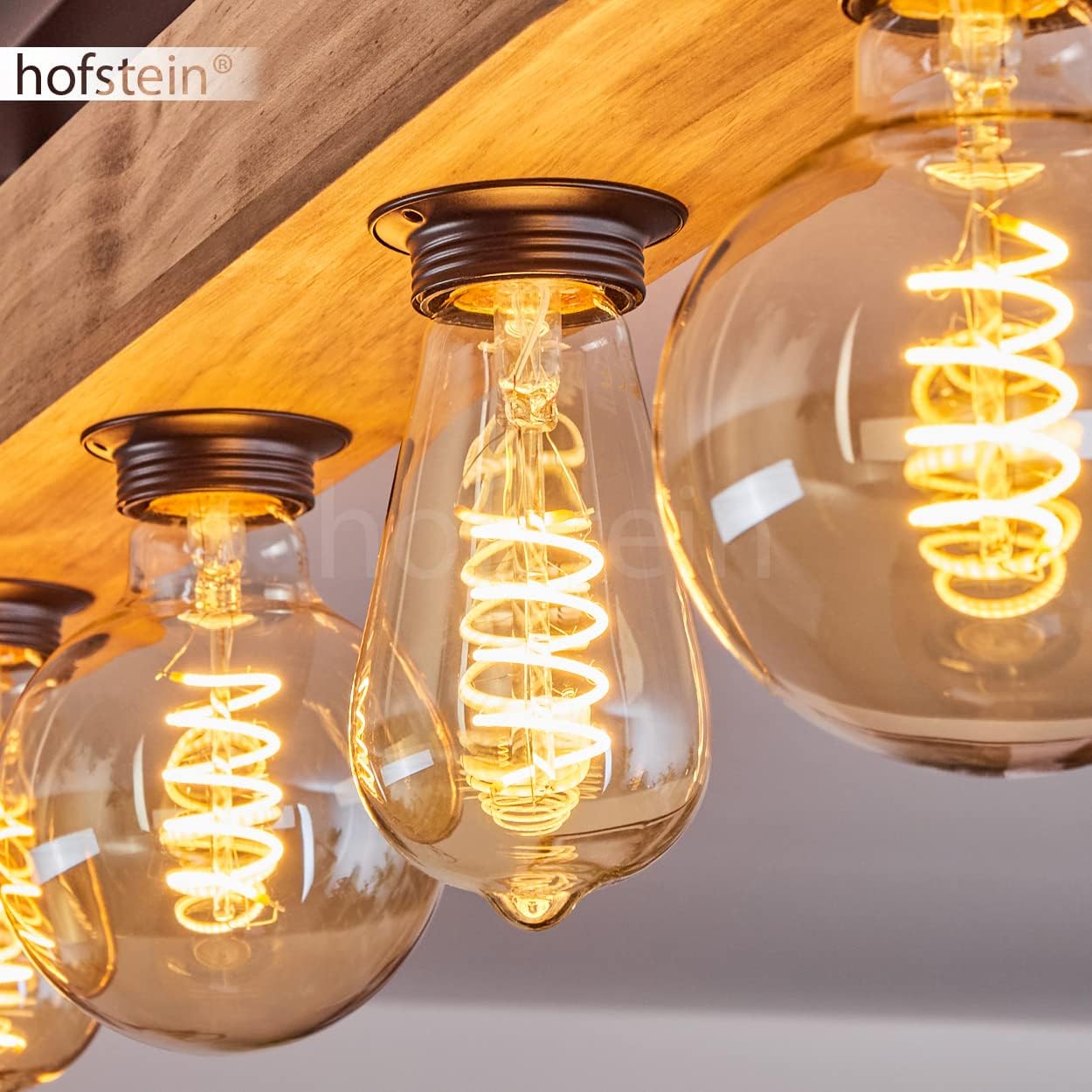 Deckenleuchte Montgomery, moderne Deckenlampe aus Metall/Holz in Schwarz/Natur, Leuchte im skandinavischen Design mit Holzbalken (100 cm), 5-flammig, 5 x E27-Fassung, Wohnzimmer, Küche, Flur, Büro