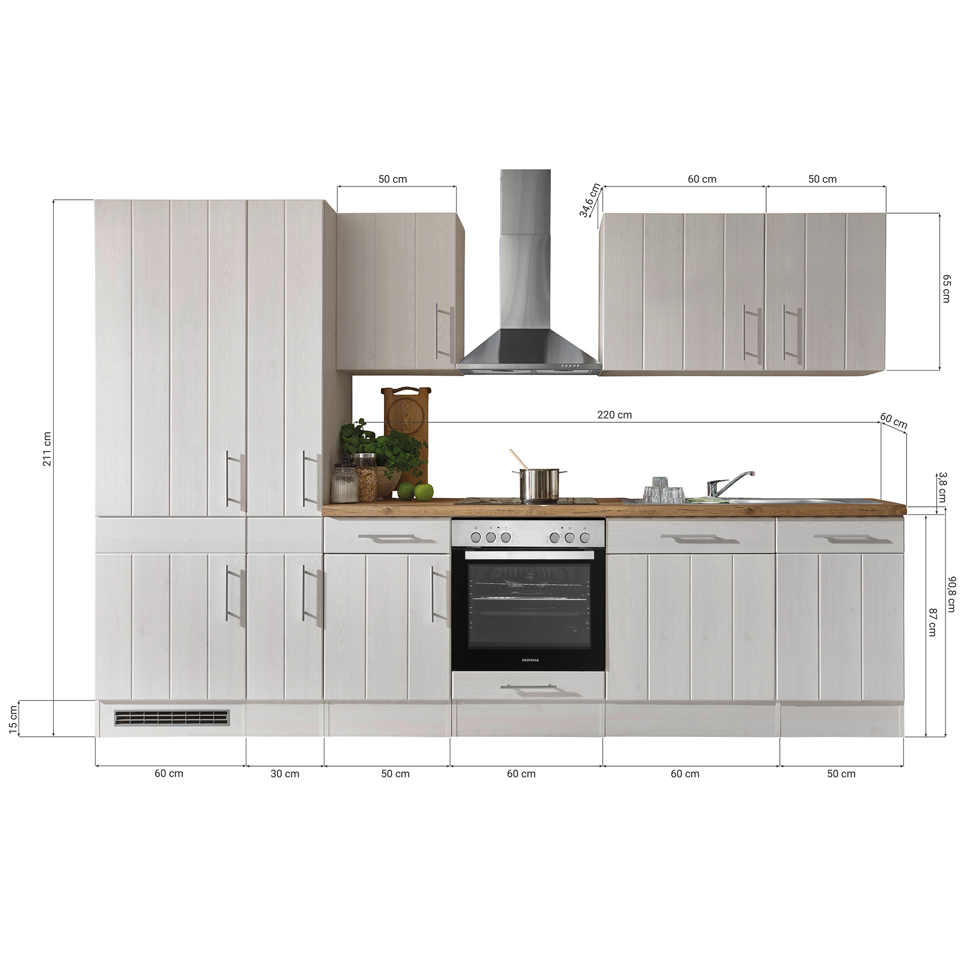 RESPEKTA Küchenblock - Lärche weiß - mit E-Geräten - 310 cm