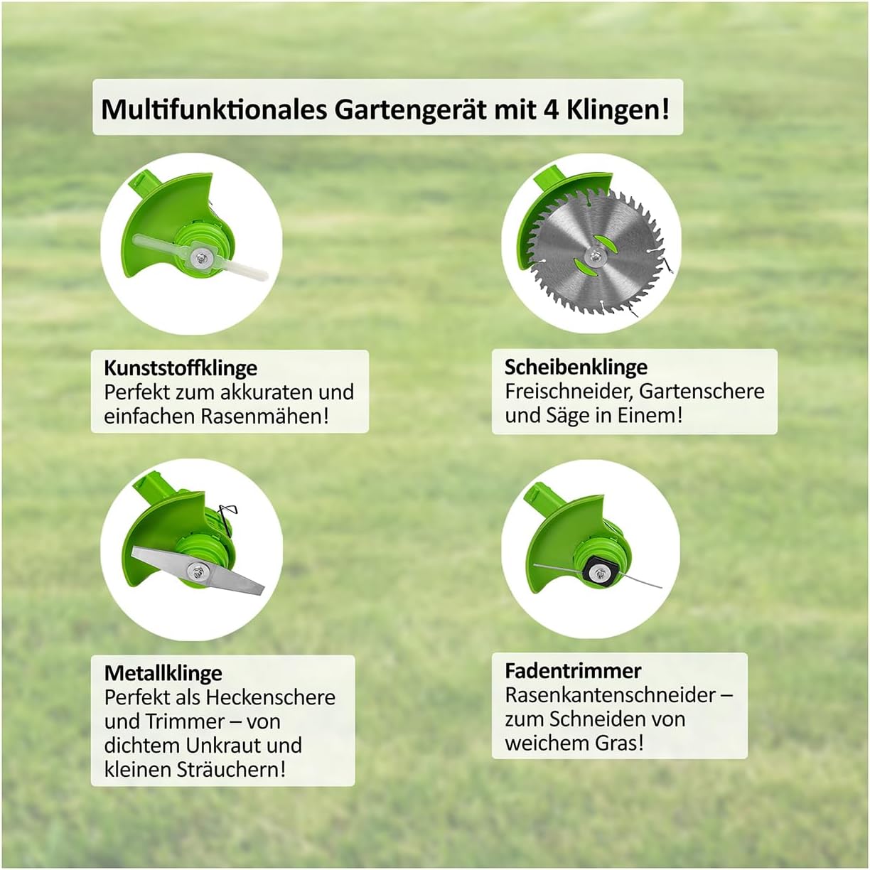 Rotorazer 8in1 Akku Gartengerät Rasentrimmer Set 22-TLG. – Rasenkantenschneider & Freischneider mit 1 Akku, Verstellbarer Schnitttiefe, 7 Präzisionsklingen, Teleskopstange, Gartenpflege