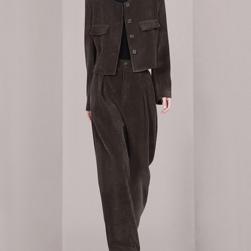 Yilda - Set: Corduroy overhemd met knoopjes + hoge taille broek met wijde pijpen