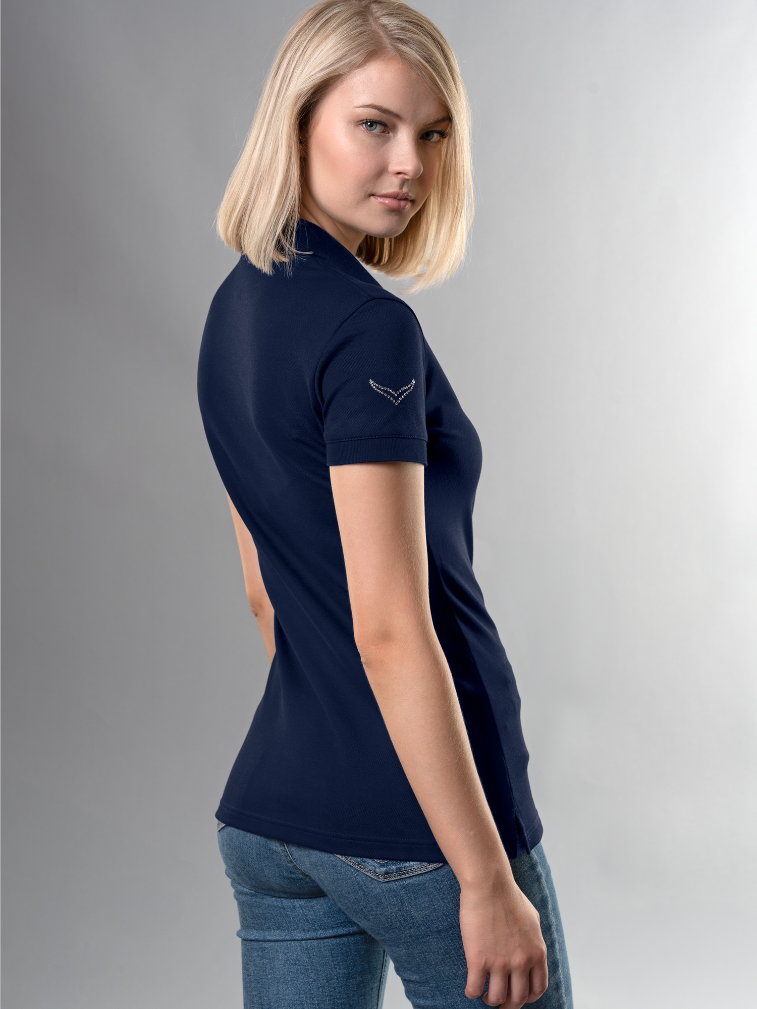 Poloshirt mit Kristallsteinen Navy
