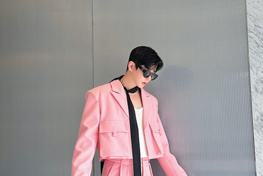 Freehop - Set: Peak Lapel Plain Flap Pocket Single Breasted Blazer + Mid Rise Button Slit Straight Leg Dress Pants
