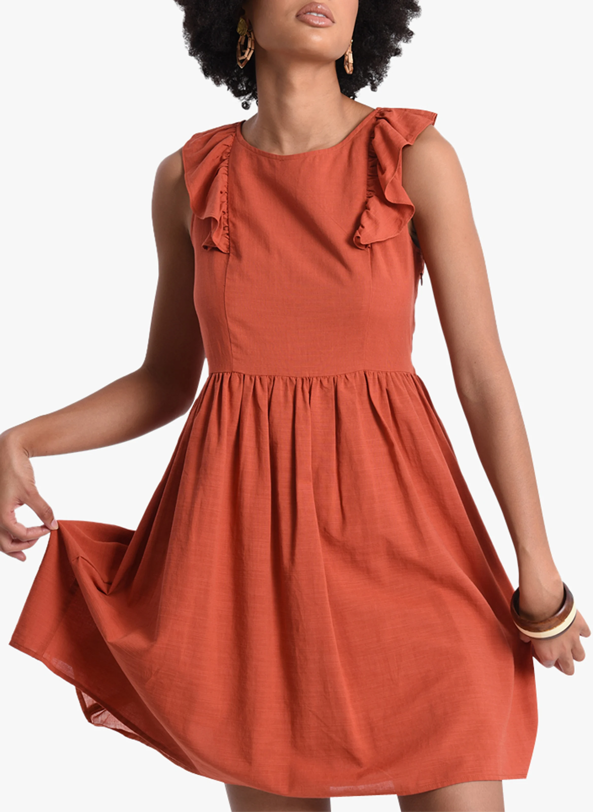 Robe courte col bateau en coton mélangé| Rouge
