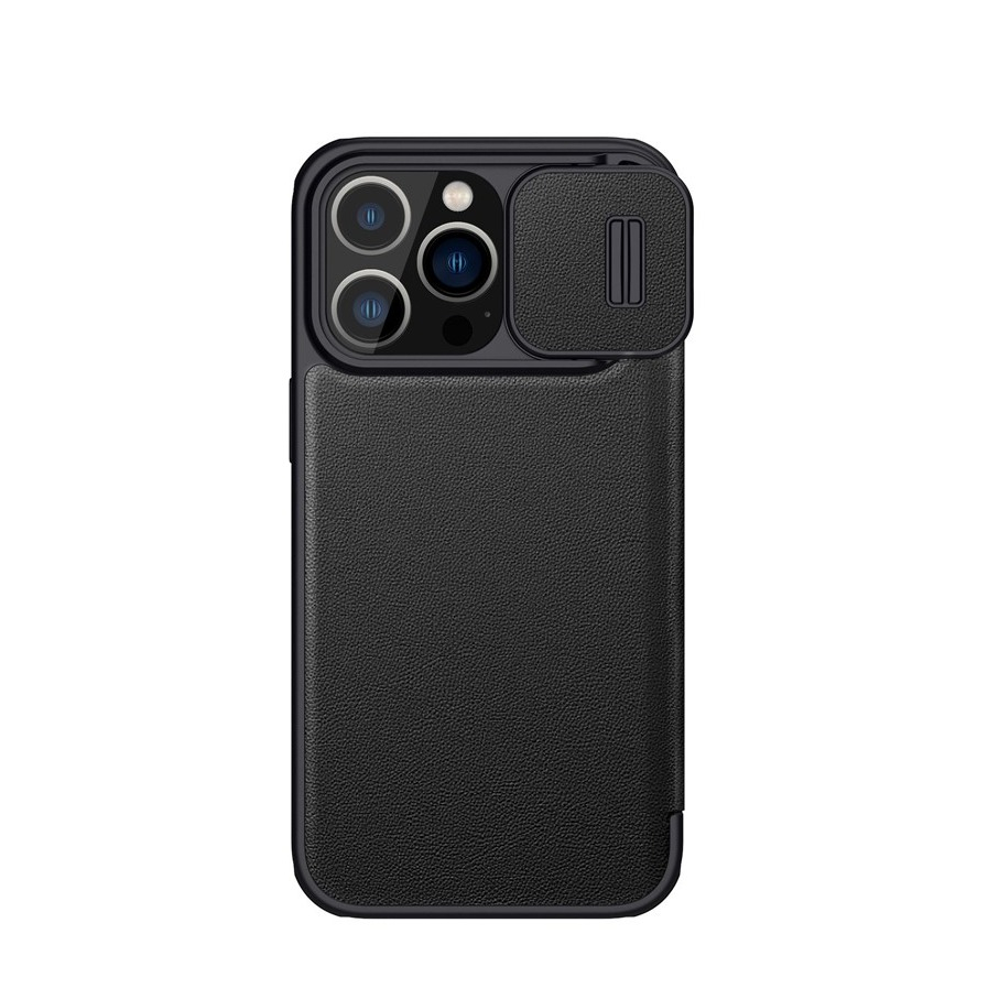 iPhone 14 Pro Leder Tasche Cam-Slider Kameraschutz - Schwarz