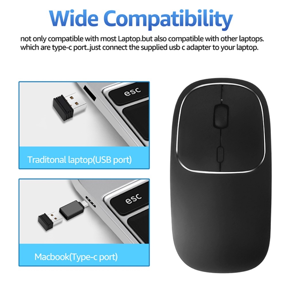 Ergonomische 2.4 GHz Optische Wireless Funk Maus 1600 DPI mit 450mA Akku   USB C Adapter - Schwarz
