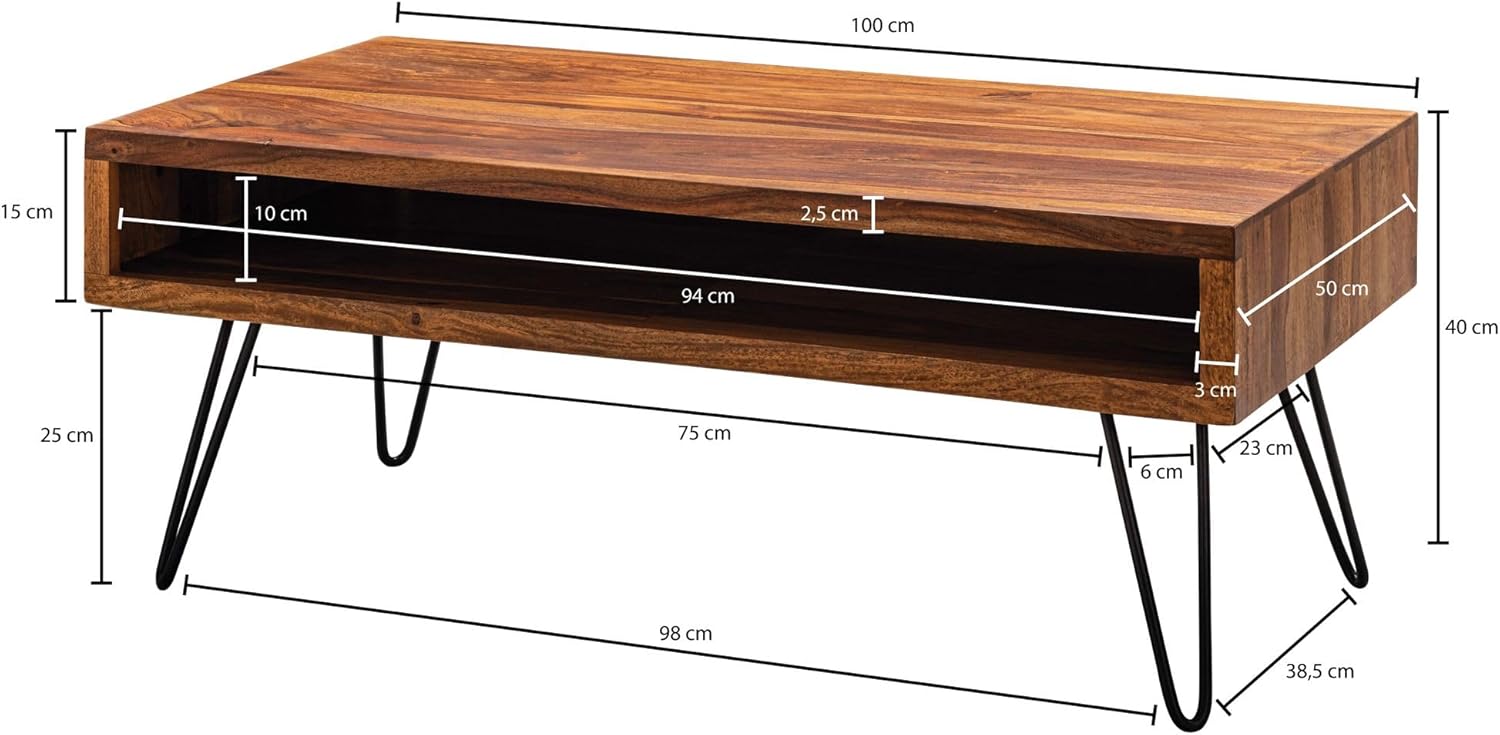 FineBuy Couchtisch Sheesham Massivholz 100 cm – Wohnzimmertisch rechteckig mit Ablage im Industrial Design, Handgefertigter Holztisch auf schwarzen Hairpin Metallbeinen Braun