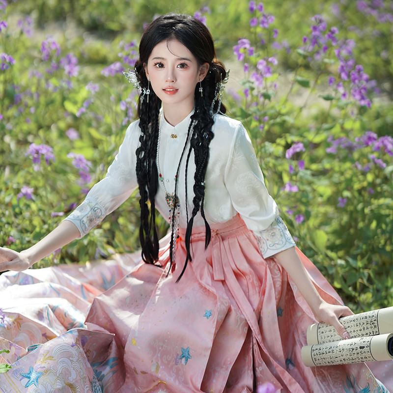 Fioridi - Hanfu-top met pofmouwen, bloemenborduursel en knoopjes / Midi-rok met hoge taille en feniksprint
