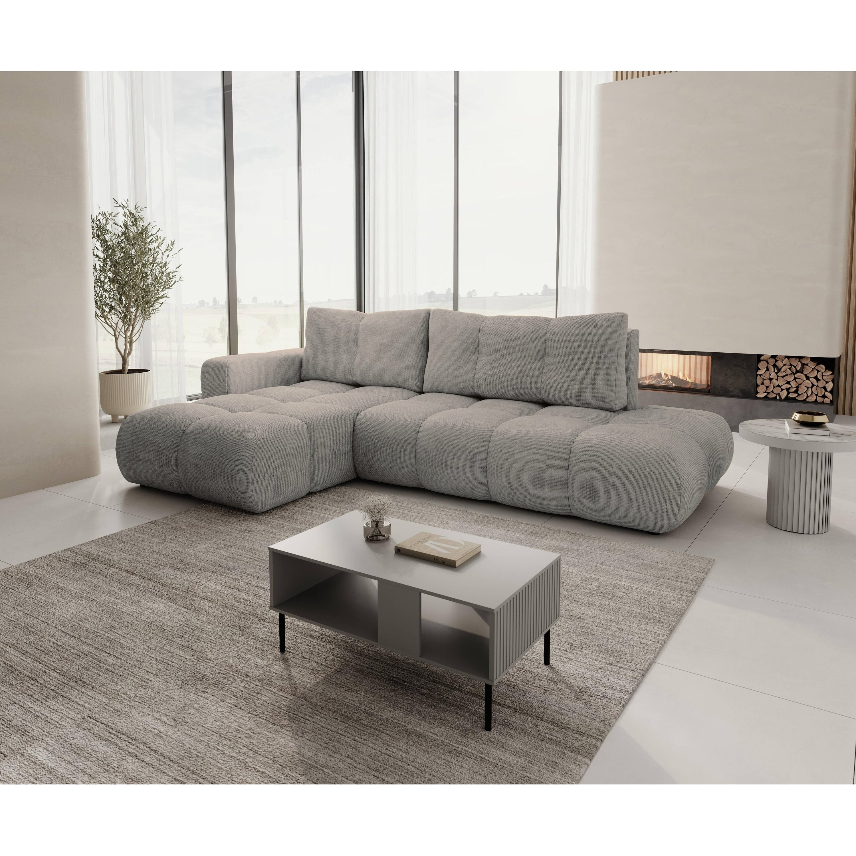 by fonQ Charme Hoekbank Links  met Slaapfunctie - Chenille - Warmgrijs