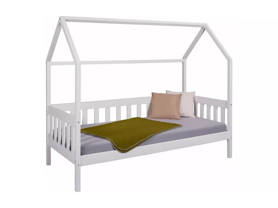 SARRY - Pack Complet avec Lit Cabane à Barrières 90x200cm Pin Massif