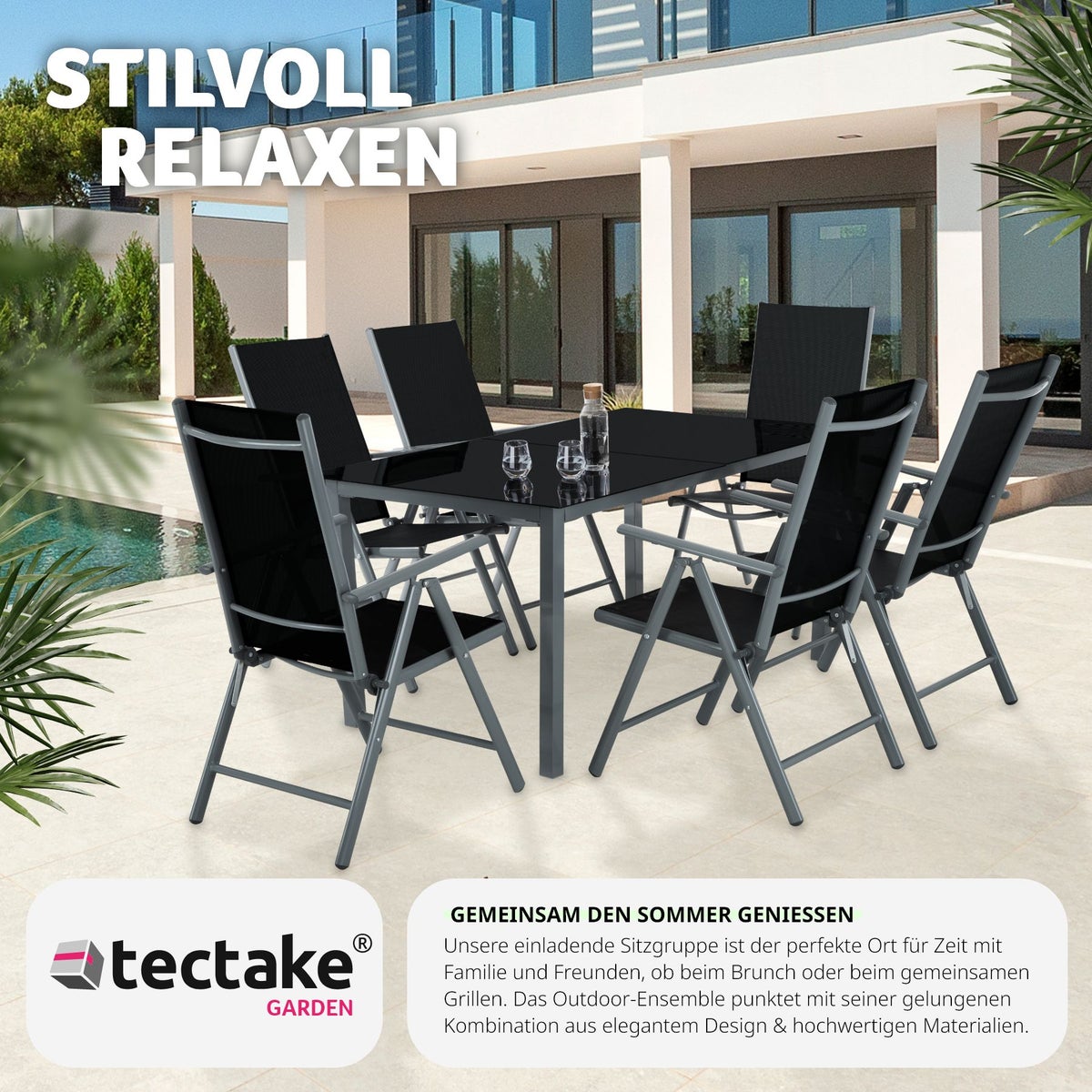tectake Ercolano zitgroep met aluminium frame, voor 6 personen, tafel met veiligheidsglasplaat en stelschroeven