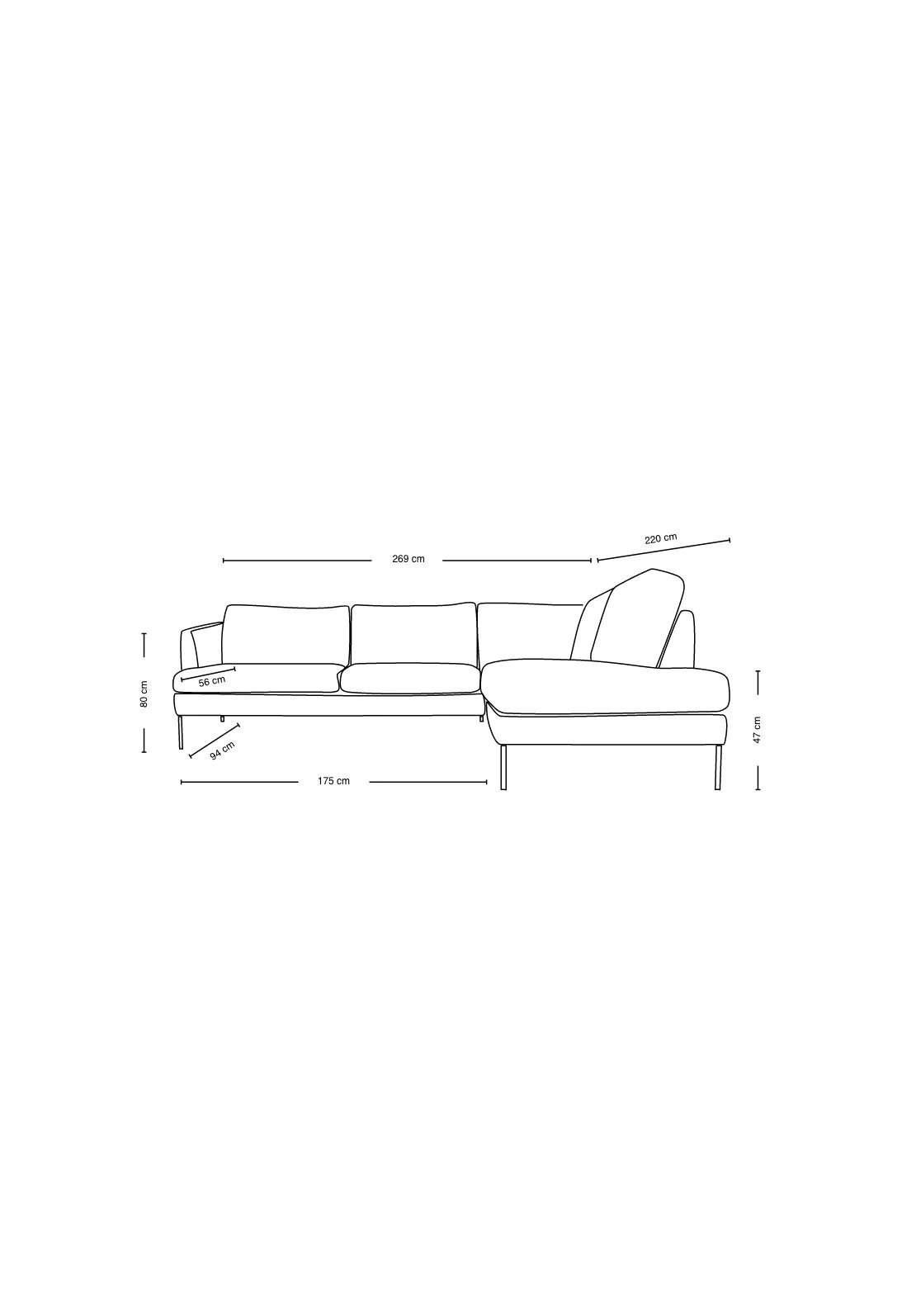 Sofa åpen ende høyre grå - 269x220x80 cm