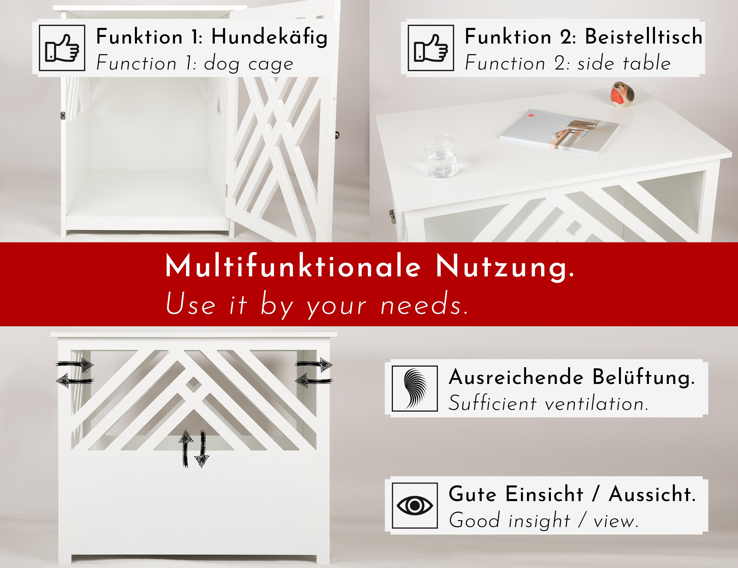 WONDERMAKE® Design Hundekäfig aus Holz für Zuhause Wohnung mit Beistelltisch, Hundebox fürs Wohnzimmer Indoor, 90x60 cm weiß