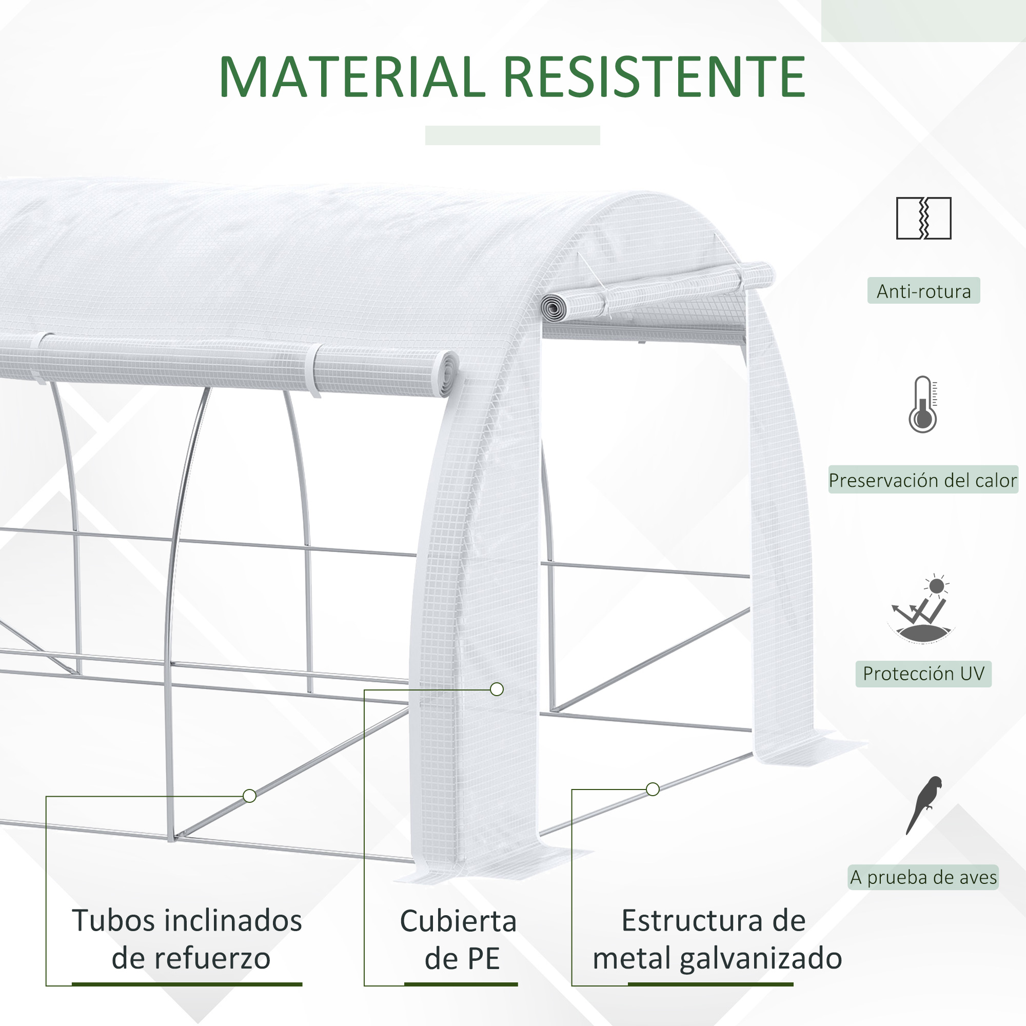 Estufa de jardim Outsunny Tunnel, 4x3x2 m, com porta e 8 janelas de enrolar, fabricada em polietileno de 140 g/m² e aço galvanizado, para cultivo de plantas e flores, branca.