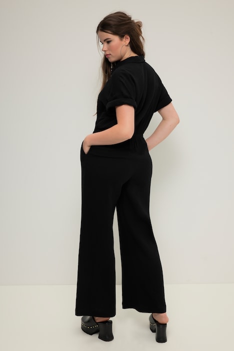 Jumpsuit, Musselin, elastische Taille, Halbarm, weites Bein