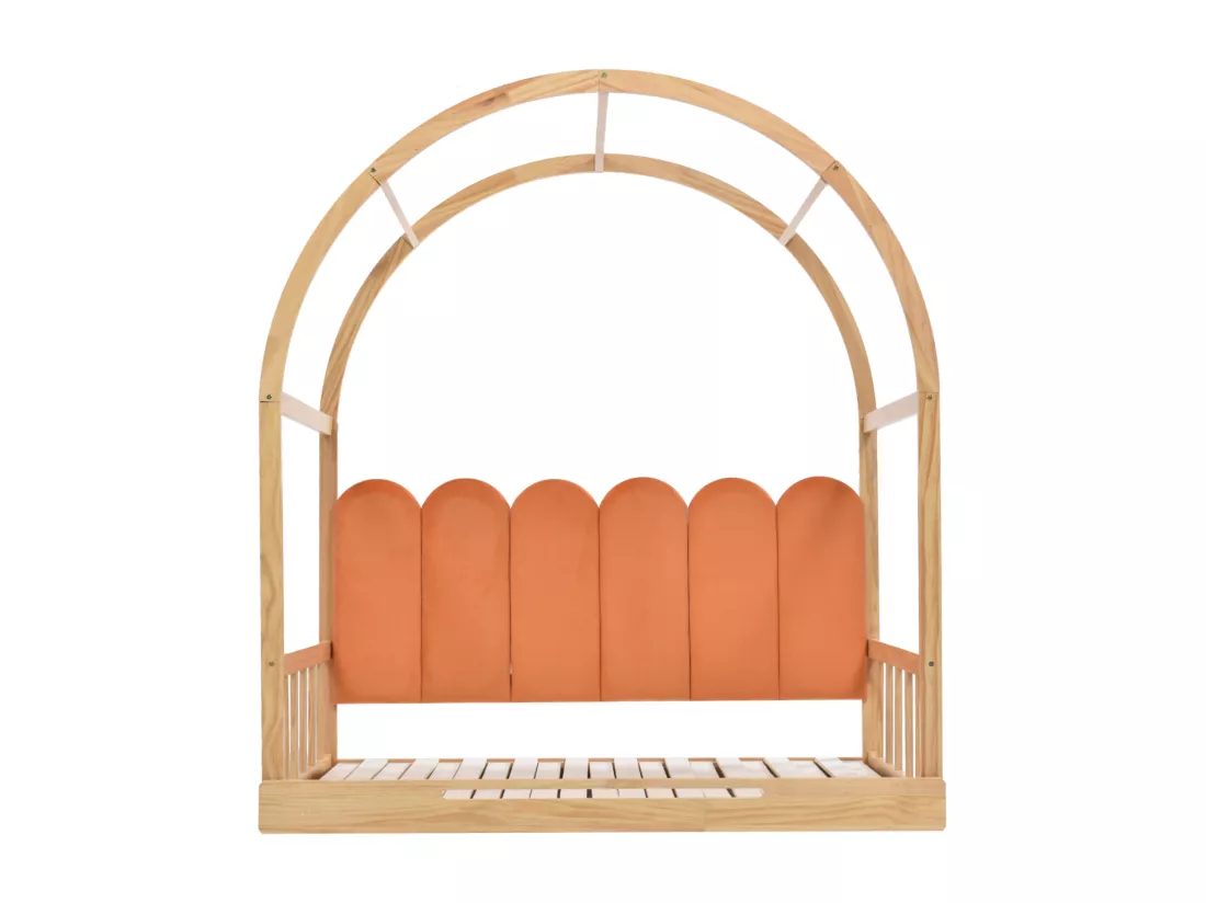 Lit gigogne 140x100/200cm en bois massif - avec tête en velours et sommier à lattes - Orange