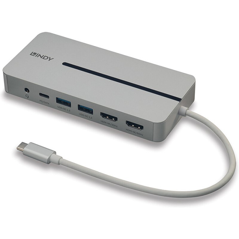 Lindy DST-Mx Duo, Mini Docking Station USB-C pour Laptop/MacBook avec prise en charge 4K sur deux écrans et charge 100W