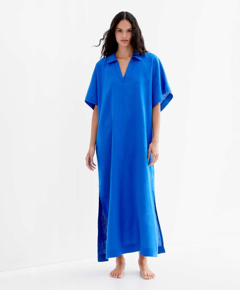 Vestido túnica com gola alta, 100% linho