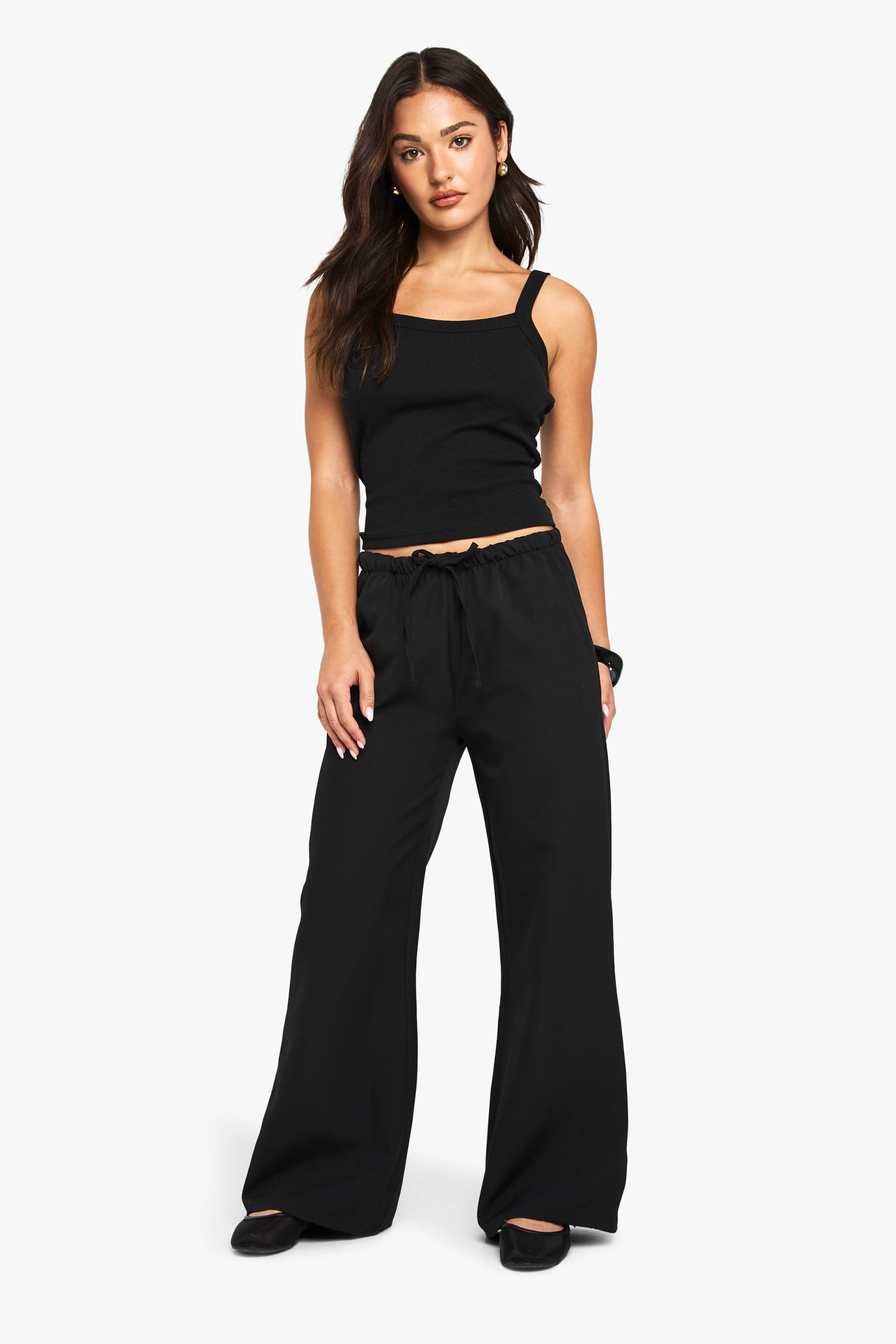 boohoo Pantalon droit tissé à taille élastiquée pour petites