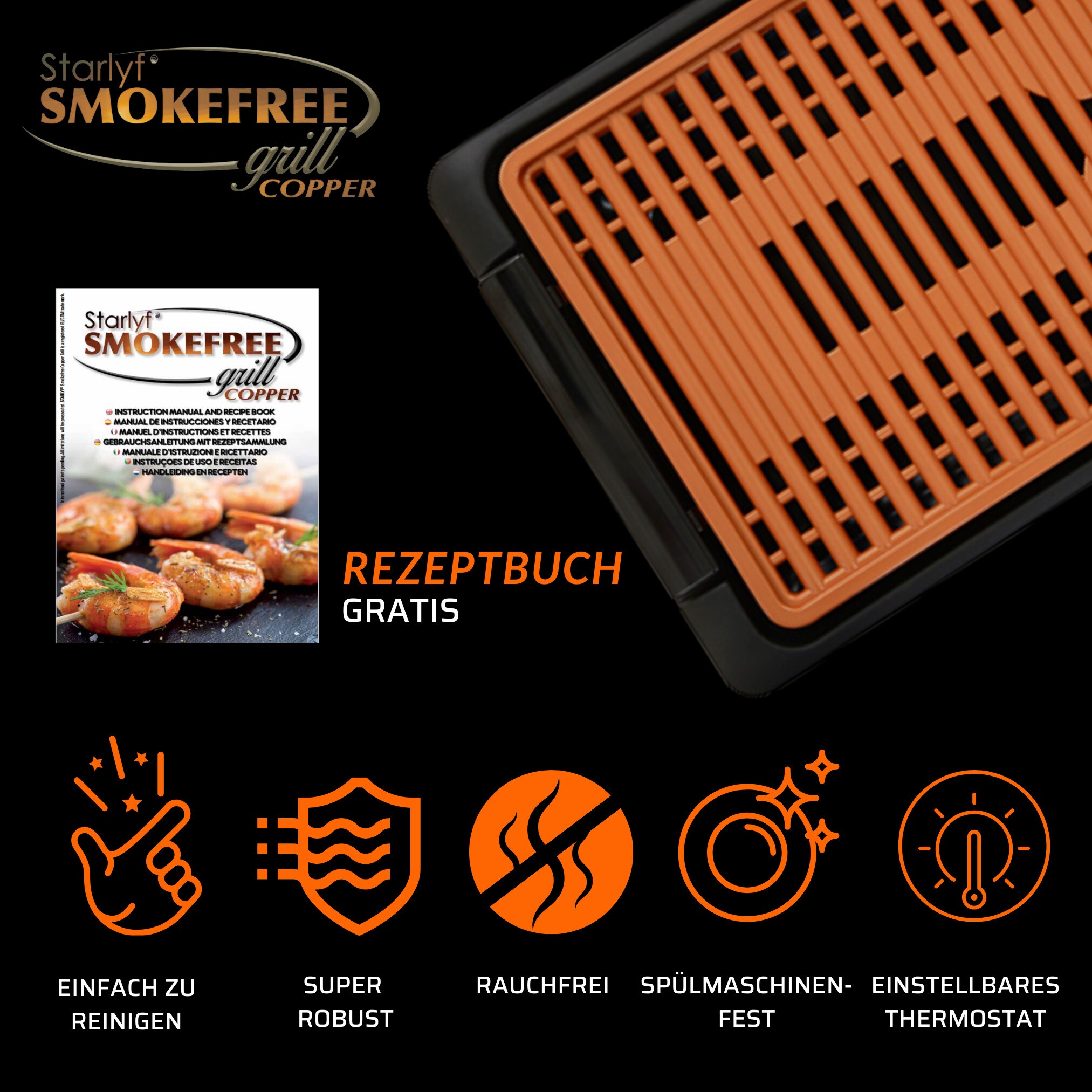 Starlyf® elektrischer Tischgrill - Elektrogrill - regelbares Thermostat Smokefree Copper Grill