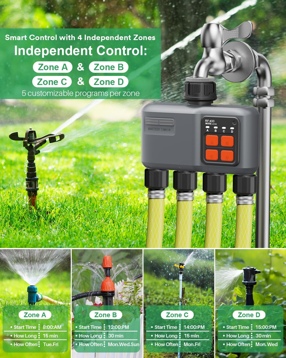 Bewässerungscomputer WLAN 4 Ausgänge mit 300M RF-Technologie, Bewässerungsuhr für Gartenbewässerung Kompatibel mit Alexa & Smart Life App, Automatischem Bewässerungssystem für Garten Rasen