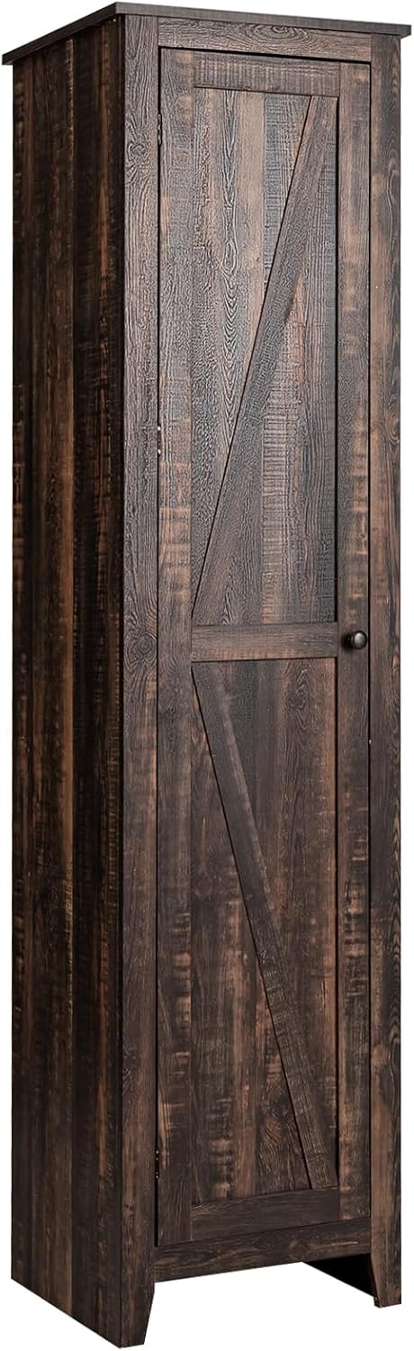 GIANTEX 183cm Hochschrank, schmaler Badezimmerschrank mit 1 Tür & 4 Ablagen, Aufbewahrungsschrank für Küche, Wohnzimmer & Badezimmer, Küchenschrank freistehend (Braun)