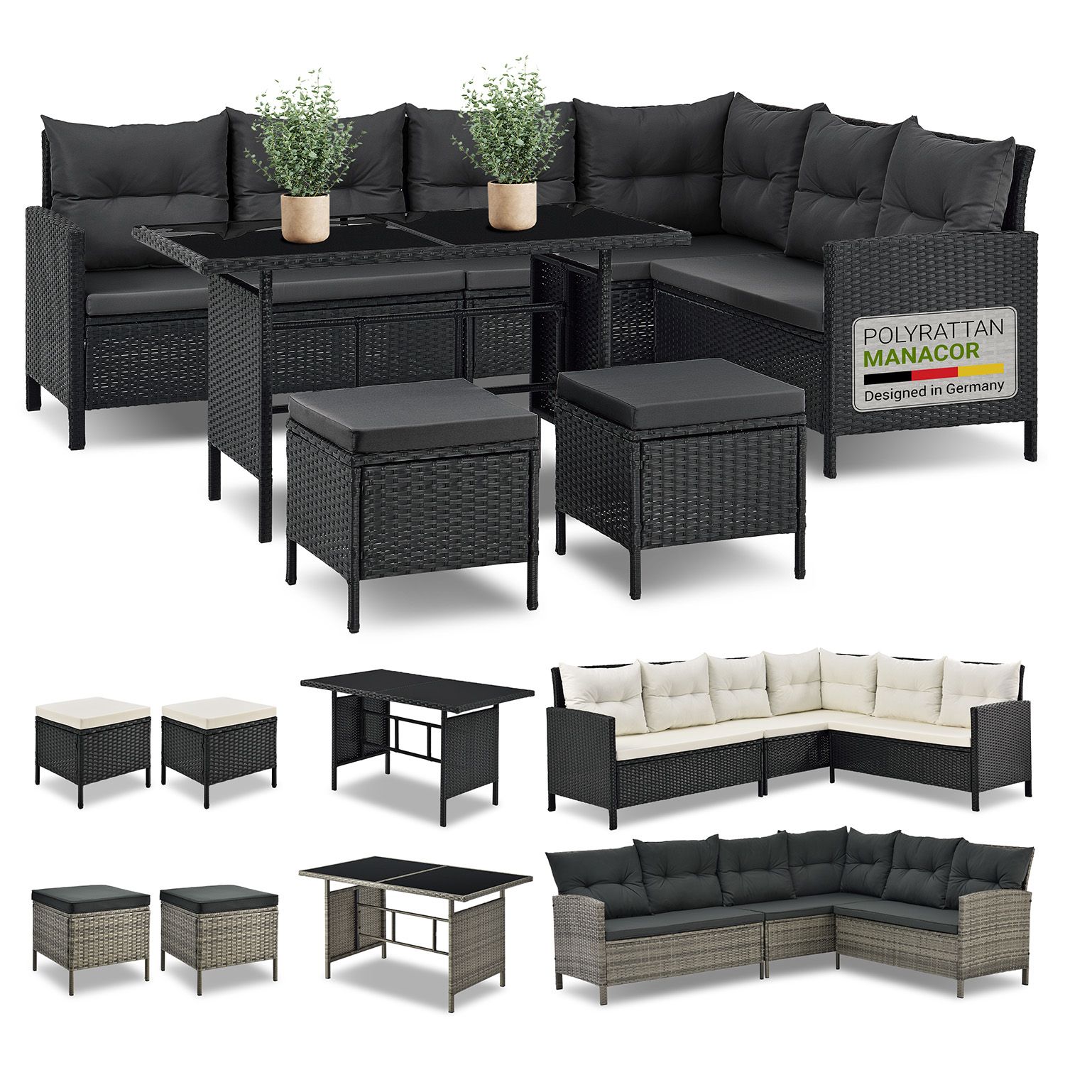 Juskys Gartenlounge Manacor schwarz - Sofa, Tisch, Hocker & Kissen - 7 Personen - Sitzbezüge in Grau