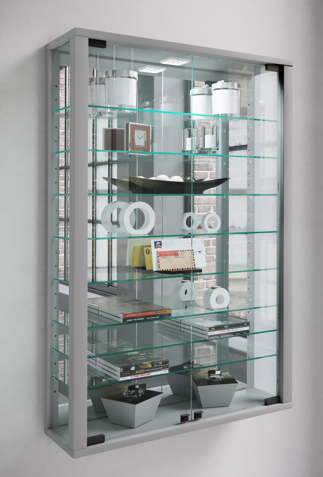 Wandvitrine VITROSA MINI - silber - mit Rückwandspiegel - 59 cm